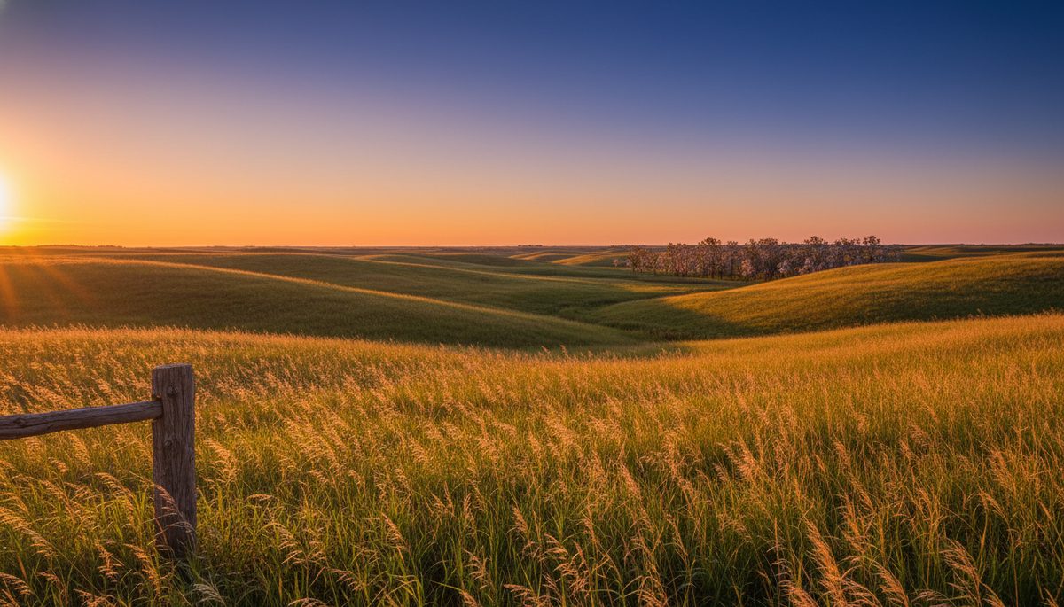 Flint Hills tallgrass prairie at sunset with rolling hills of waving golden grass and a Plains sky.