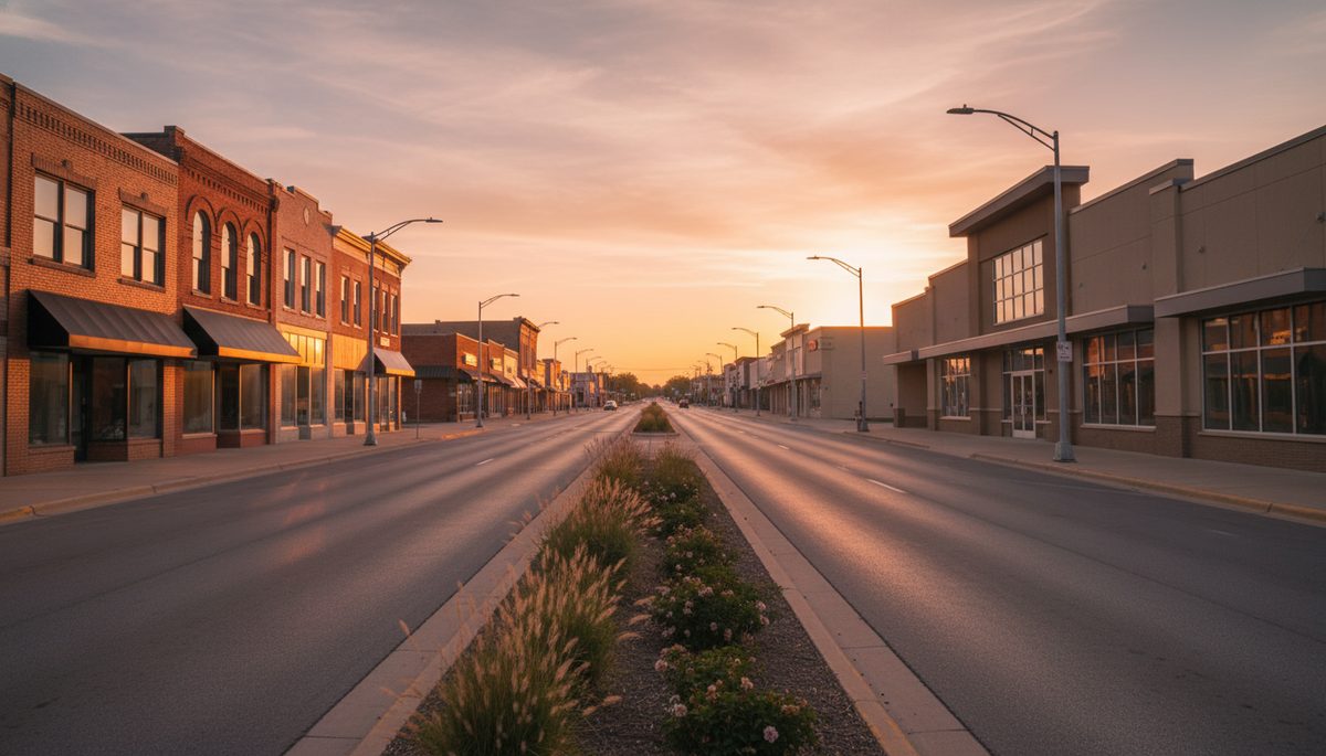 A divided urban boulevard at golden hour transitioning across a state line, with different storefronts on each side.
