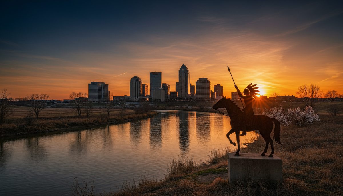 The Wichita, Kansas skyline at sunset across the Arkansas River with a Native-American-warrior monument silhouette at the riverbank.